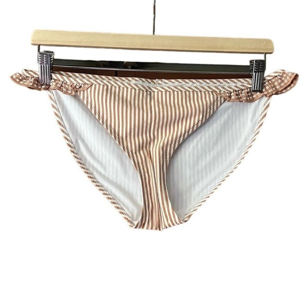 Aerie Women's Brown and White Seersucker Striped Ruffle Bikini Bottom